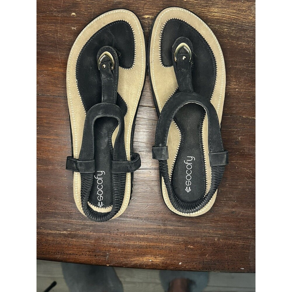 Socofy Sandals SZ 10 black suede slingback thong Slip on